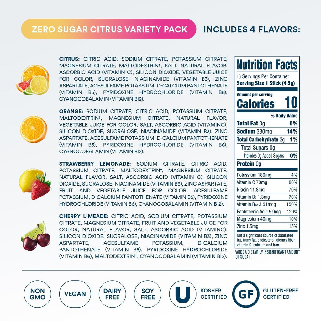 DripDrop Zero Sugar Citrus Variety Pack Electrolyte Powder, 8 oz sticks, 16 count - Essential Collection