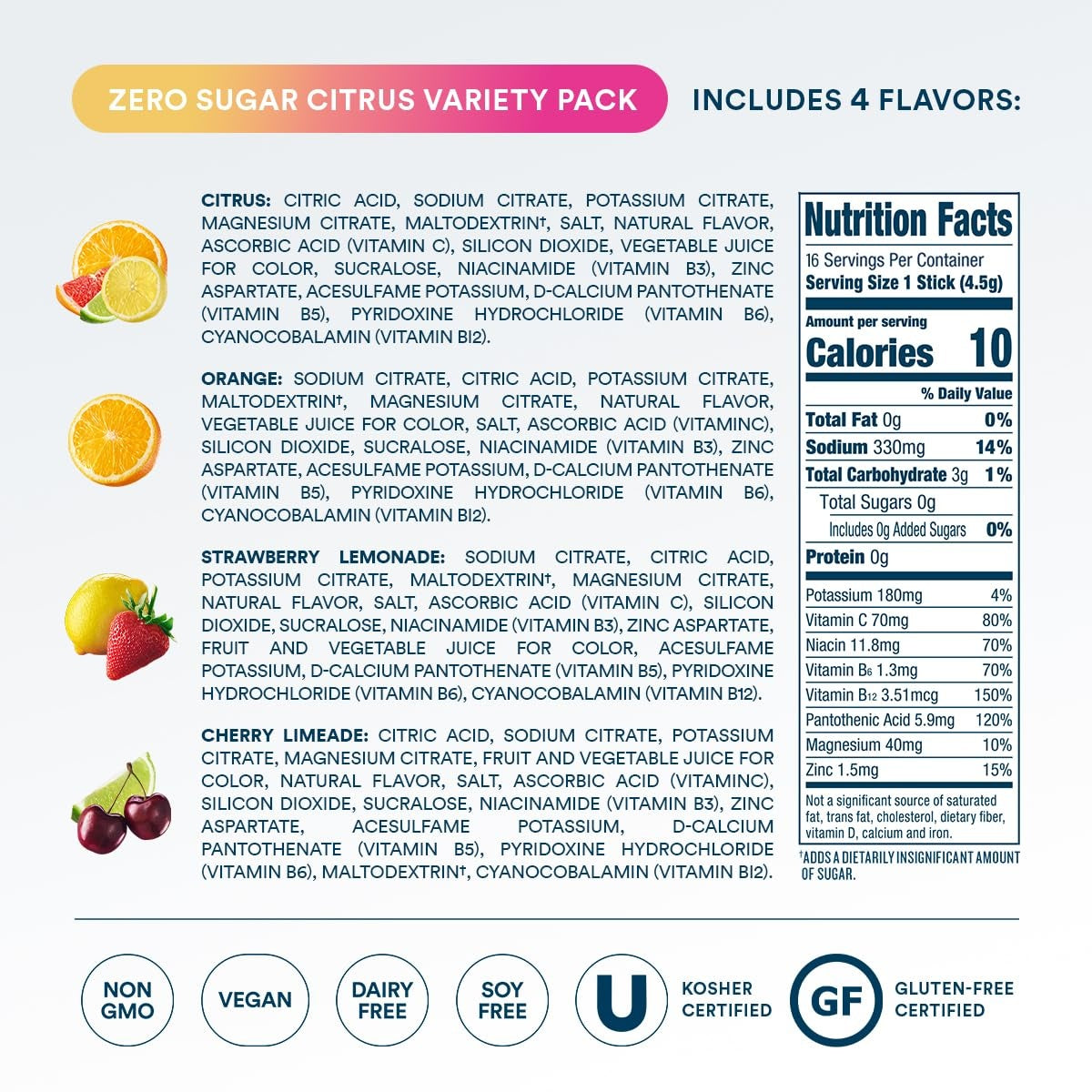 DripDrop Zero Sugar Citrus Variety Pack Electrolyte Powder, 8 oz sticks, 16 count - Essential Collection