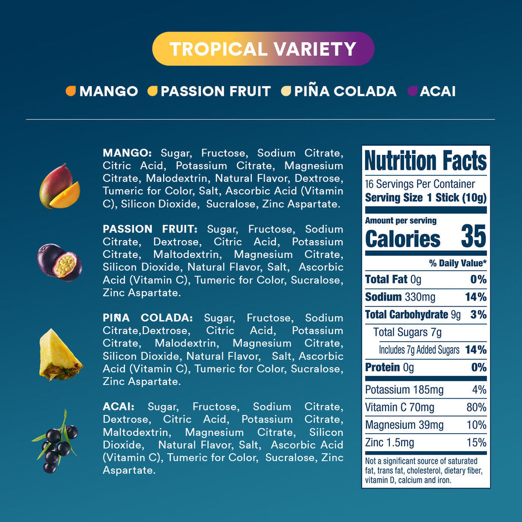 DripDrop Tropical Variety Pack Electrolyte Powder, 8 oz sticks, 16 count - Essential Collection