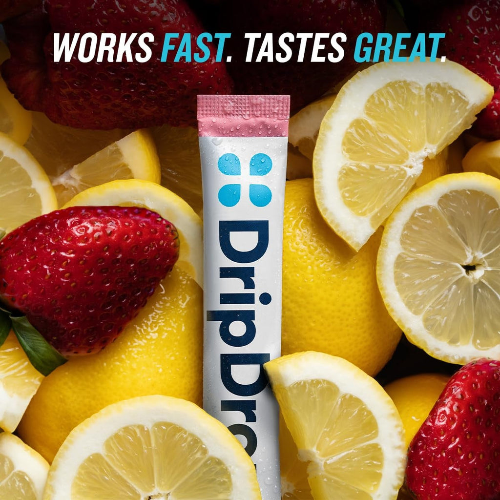 DripDrop Zero Sugar Strawberry Lemonade Electrolyte Powder, 8 oz sticks, 32 count - Essential Collection
