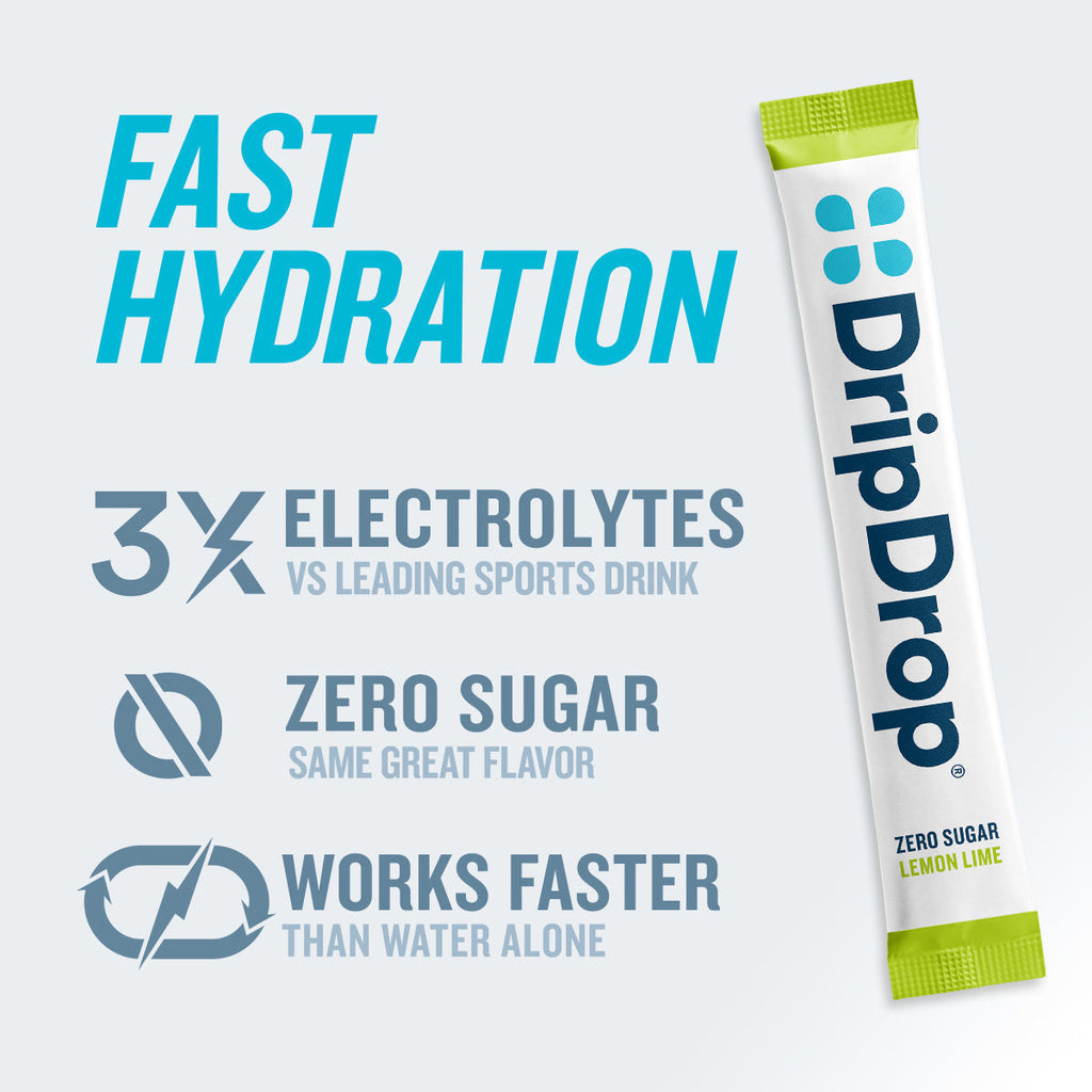 DripDrop Zero Sugar Lemon Lime Electrolyte Powder, 8 oz sticks, 32 count - Essential Collection