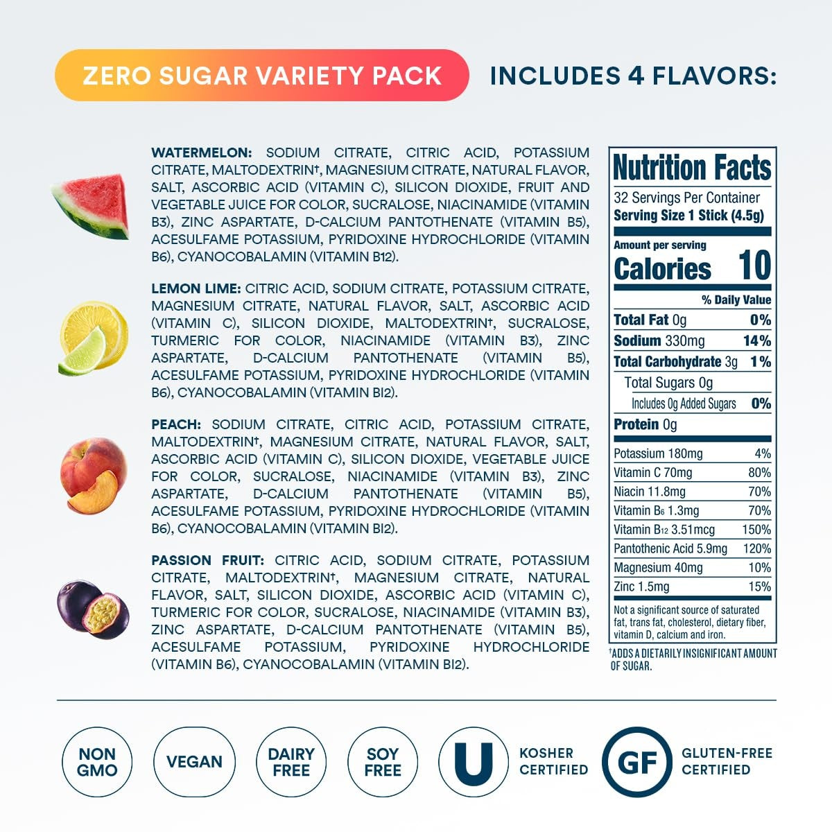 DripDrop Zero Sugar Classic Variety Pack Electrolyte Powder, 8 oz sticks, 32 count - Essential Collection