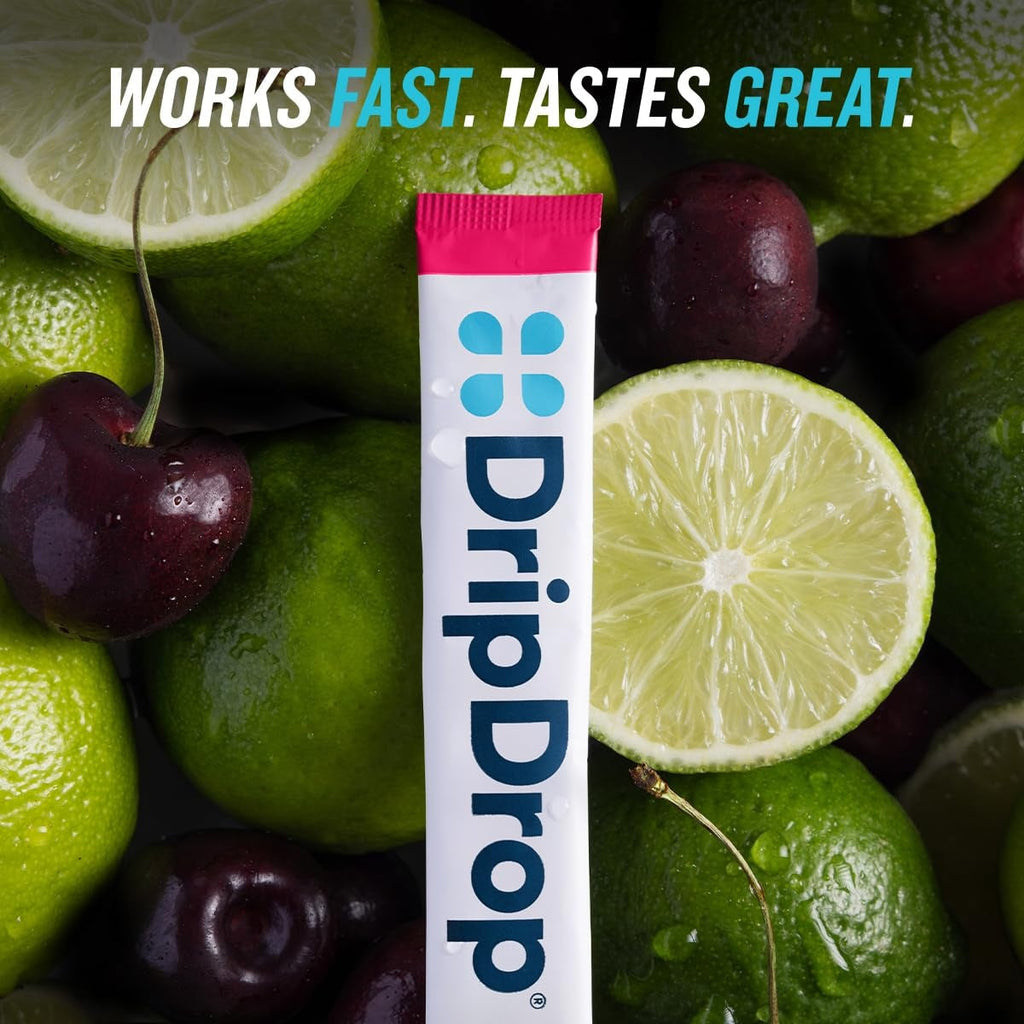DripDrop Zero Sugar Cherry Limeade Electrolyte Powder, 8 oz sticks, 32 count - Essential Collection