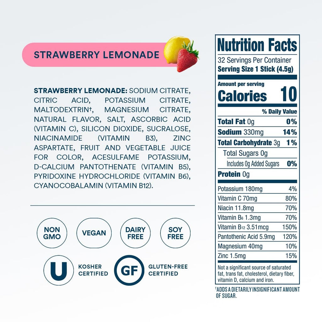 DripDrop Zero Sugar Strawberry Lemonade Electrolyte Powder, 8 oz sticks, 32 count - Essential Collection