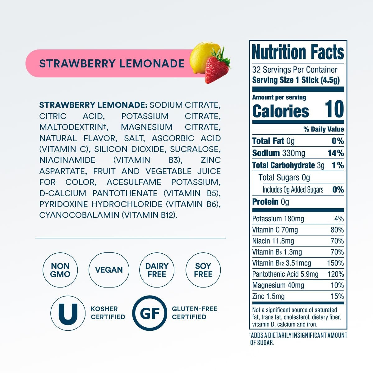 DripDrop Zero Sugar Strawberry Lemonade Electrolyte Powder, 8 oz sticks, 32 count - Essential Collection