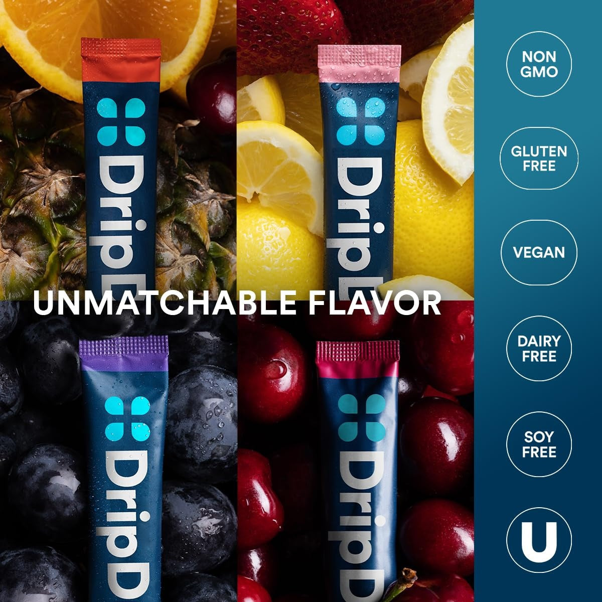 DripDrop Juicy Variety Pack Electrolyte Powder, 8 oz sticks, 32 count - Essential Collection
