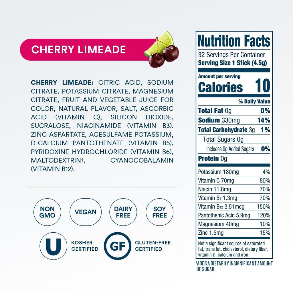 DripDrop Zero Sugar Cherry Limeade Electrolyte Powder, 8 oz sticks, 32 count - Essential Collection
