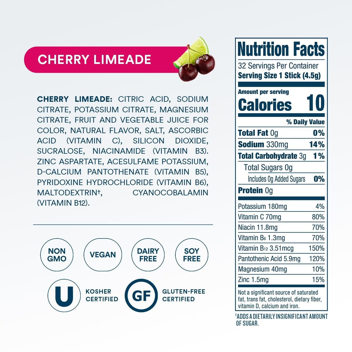 DripDrop Zero Sugar Cherry Limeade Electrolyte Powder, 8 oz sticks, 32 count - Essential Collection
