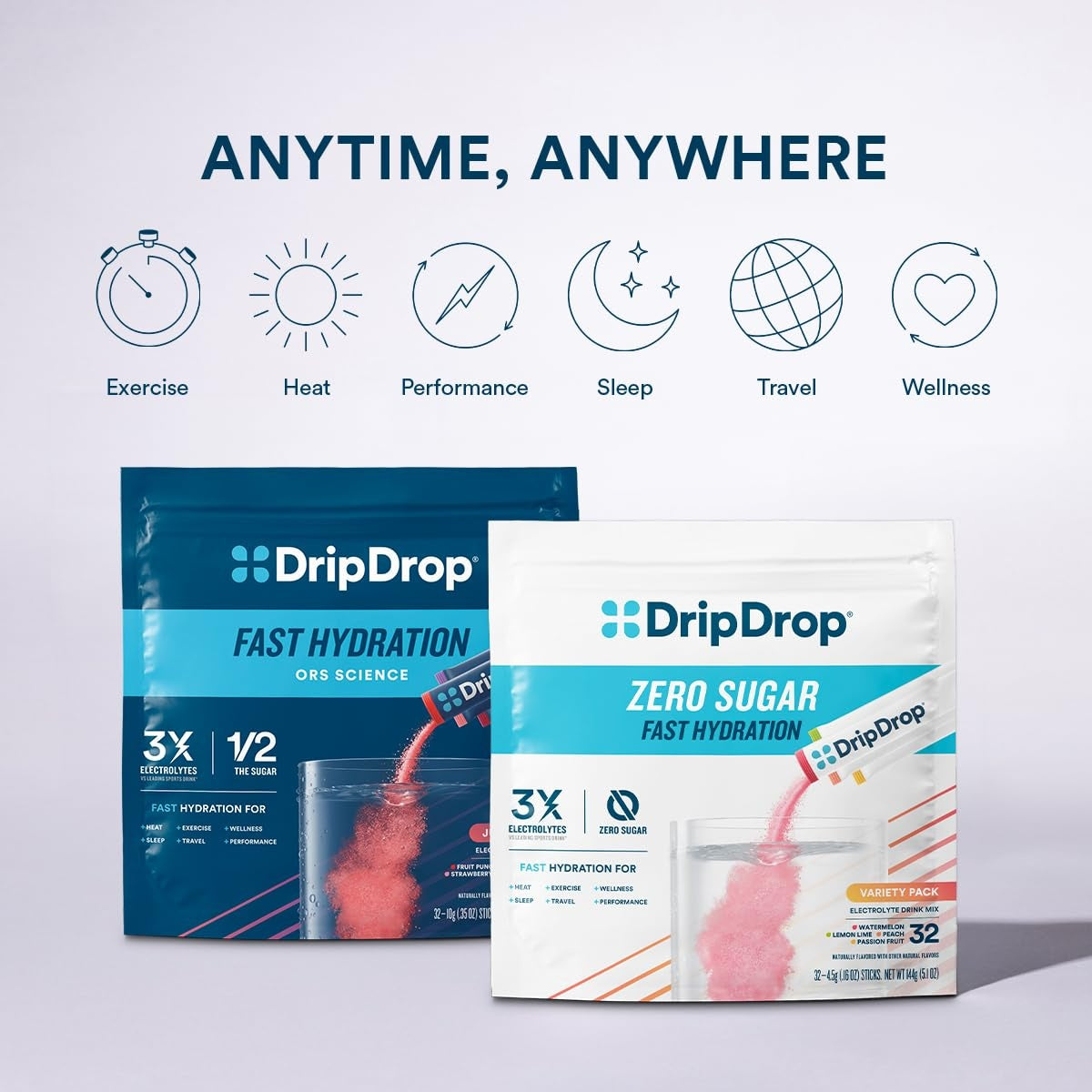 DripDrop Zero Sugar Classic Variety Pack Electrolyte Powder, 8 oz sticks, 16 count - Essential Collection