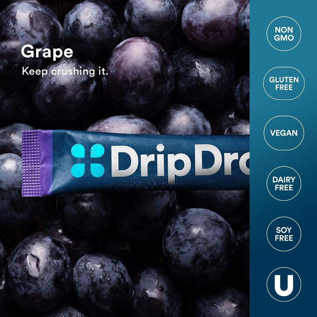 DripDrop Grape Electrolyte Powder, 8 oz sticks, 32 count - Essential Collection