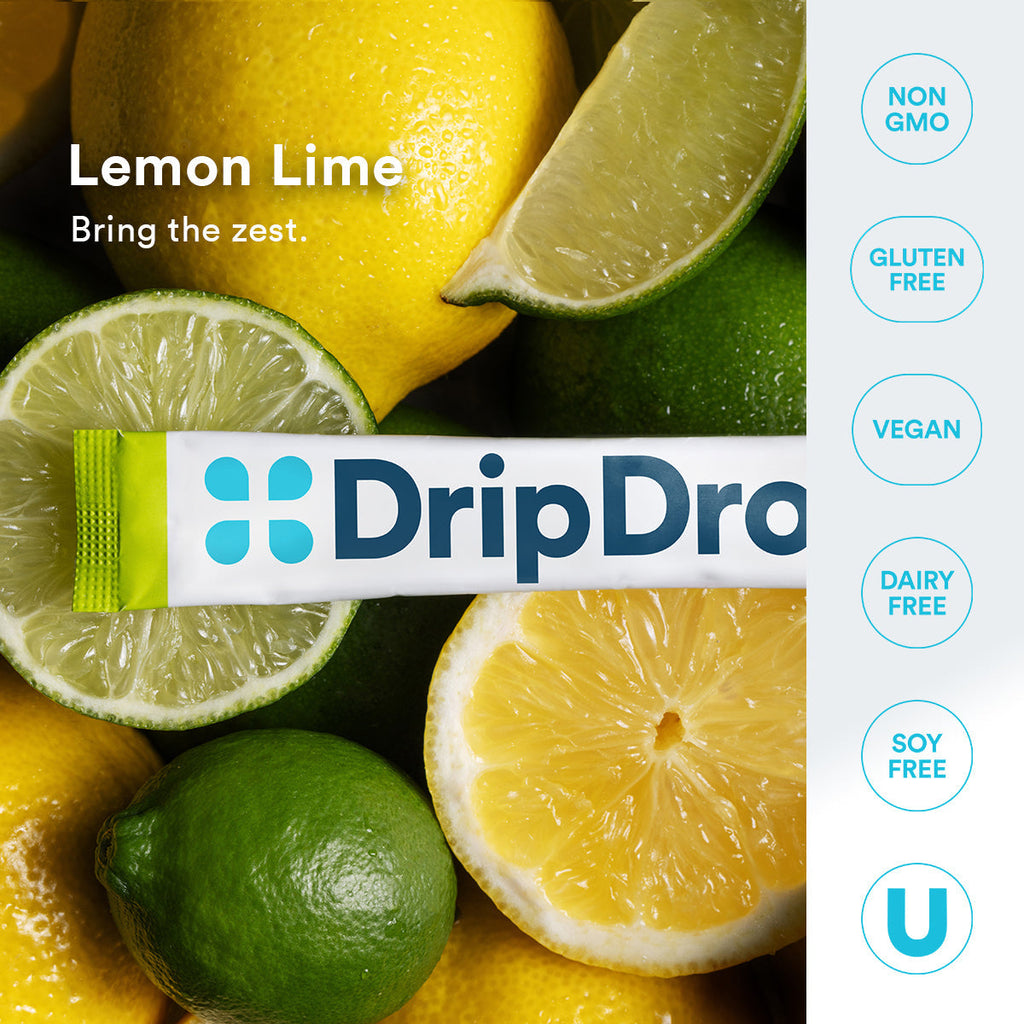 DripDrop Zero Sugar Lemon Lime Electrolyte Powder, 8 oz sticks, 32 count - Essential Collection