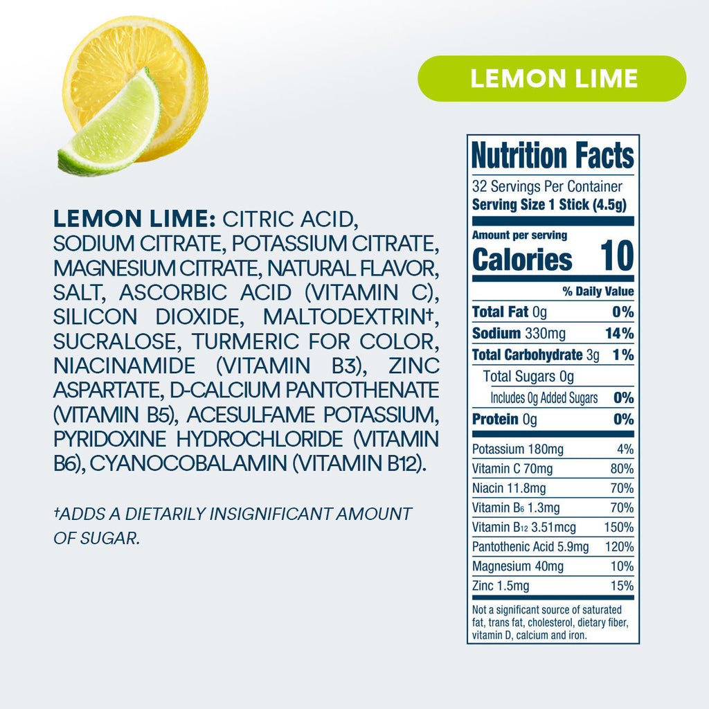 DripDrop Zero Sugar Lemon Lime Electrolyte Powder, 8 oz sticks, 32 count - Essential Collection