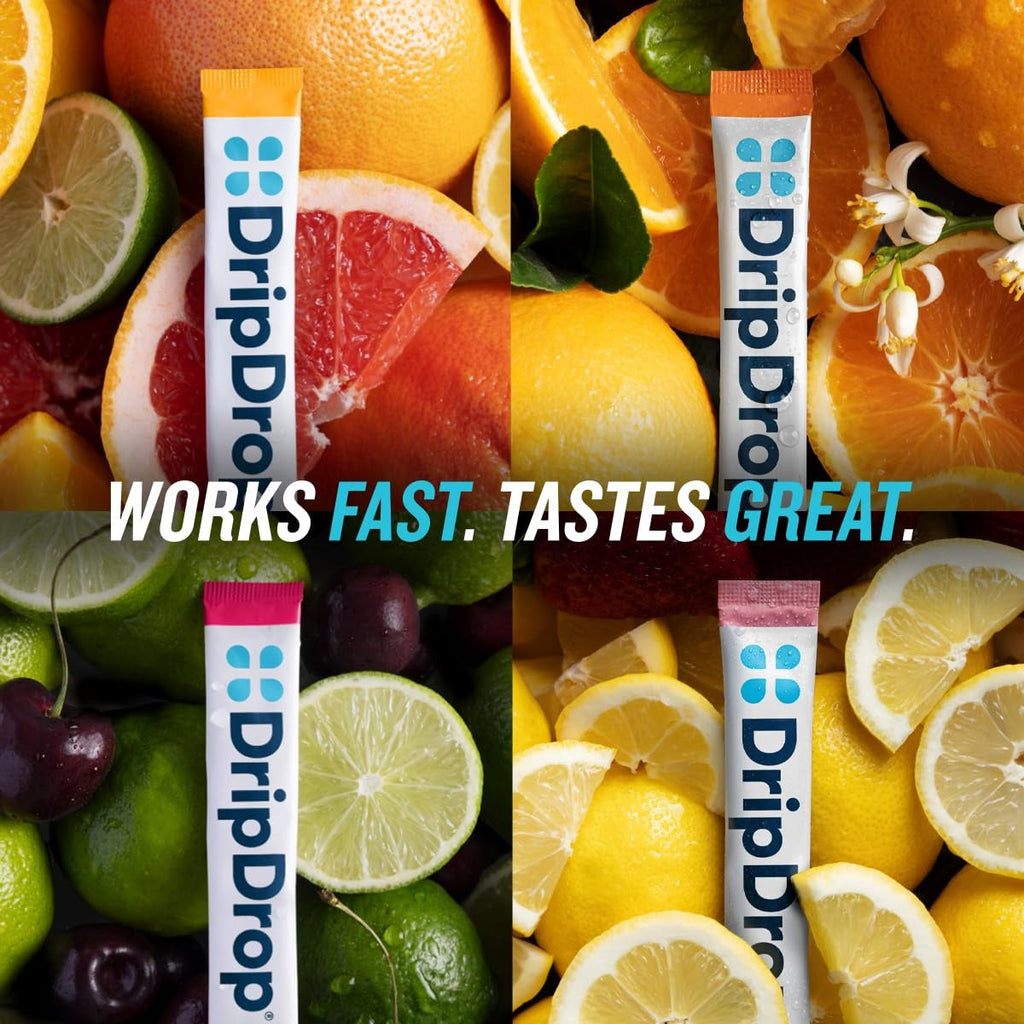 DripDrop Zero Sugar Citrus Variety Pack Electrolyte Powder, 8 oz sticks, 32 count - Essential Collection