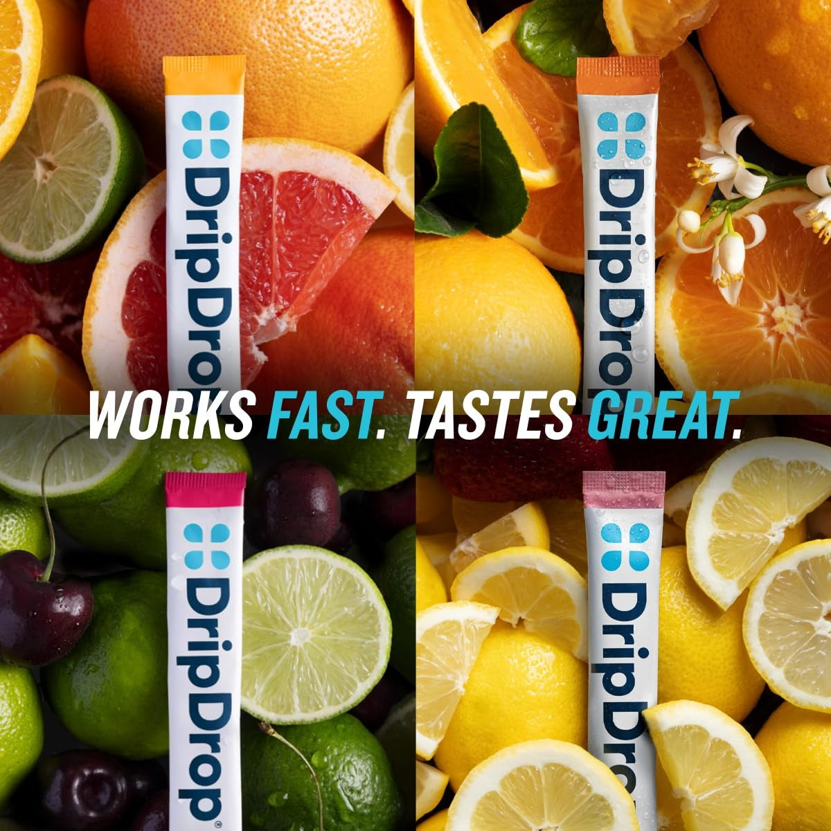DripDrop Zero Sugar Citrus Variety Pack Electrolyte Powder, 8 oz sticks, 32 count - Essential Collection