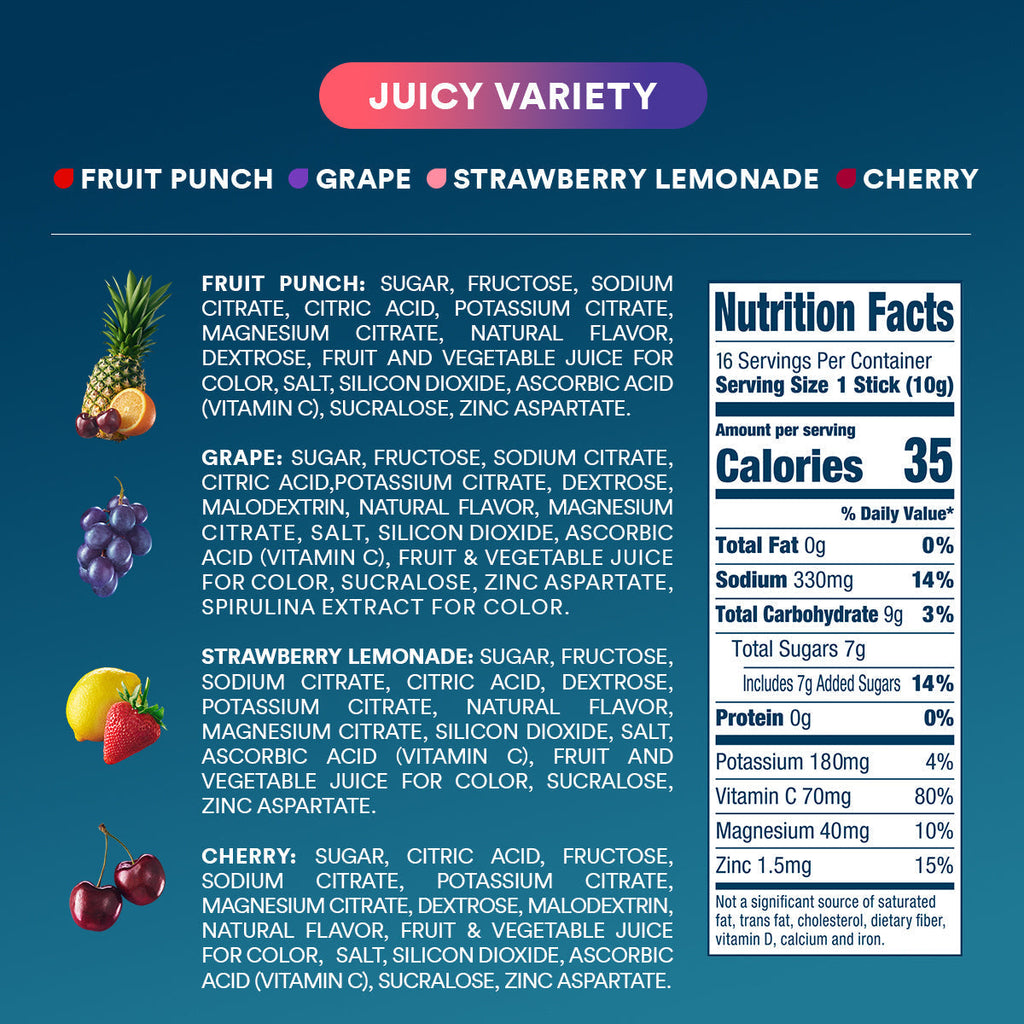 DripDrop Juicy Variety Pack Electrolyte Powder, 8 oz sticks, 16 count - Essential Collection