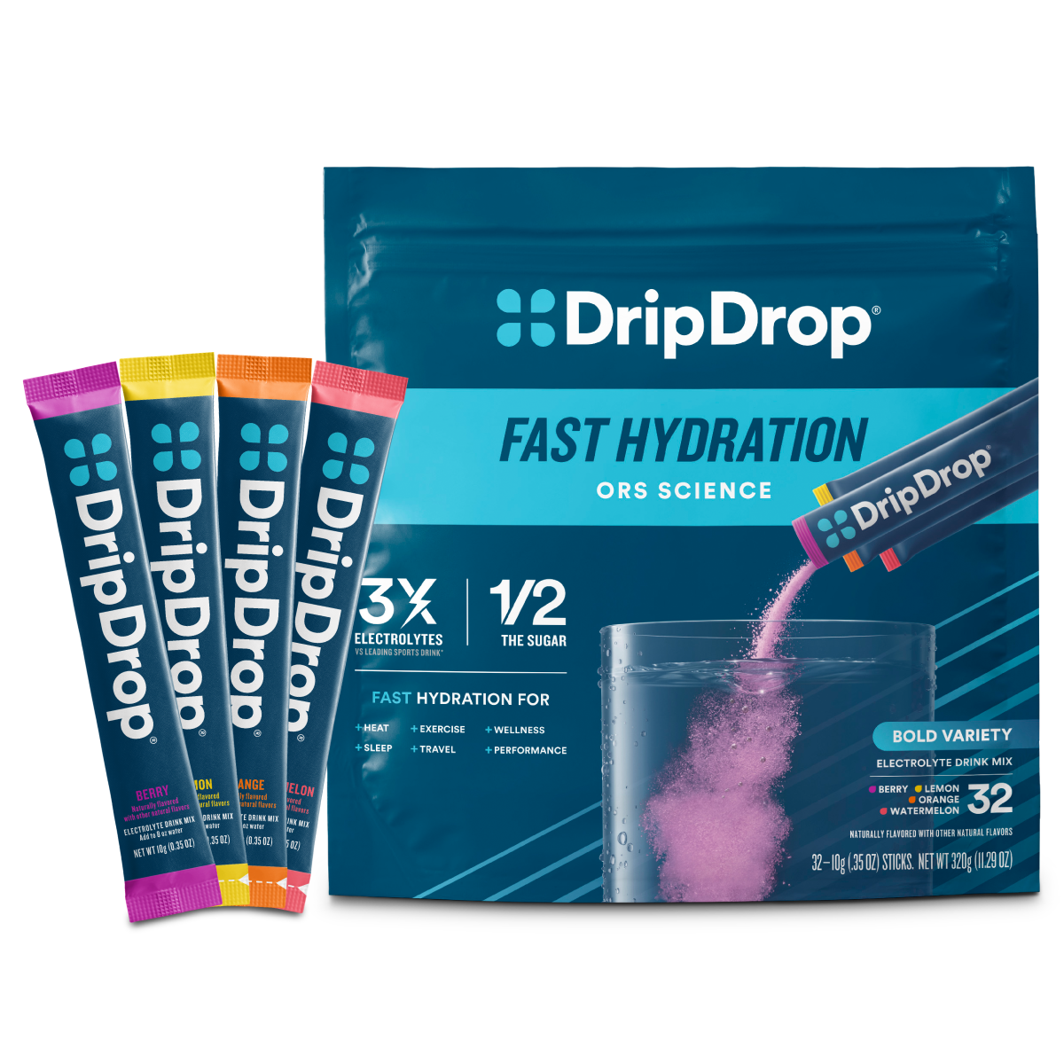 DripDrop Bold Variety Pack Electrolyte Powder, 8 oz sticks, 32 count - Essential Collection