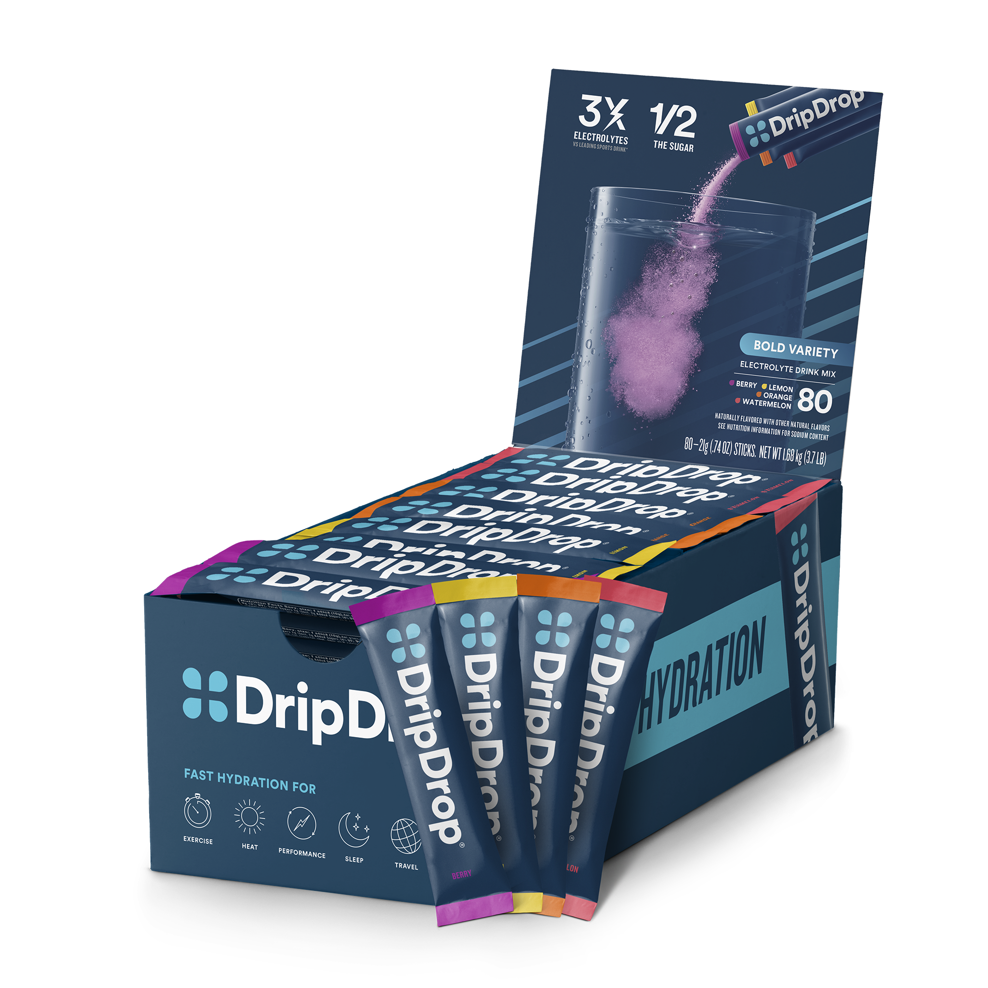 DripDrop Bold Variety Pack Electrolyte Powder, 16 oz sticks, 80 count - Essential Collection