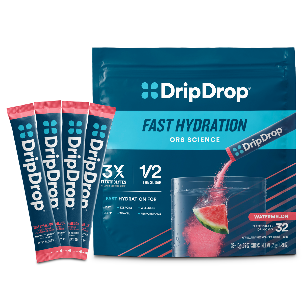 DripDrop Watermelon Electrolyte Powder, 8 oz sticks, 32 count - Essential Collection