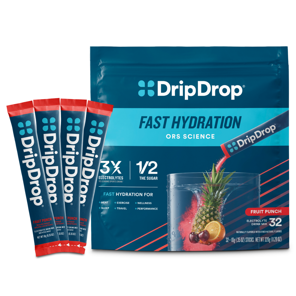 DripDrop Fruit Punch Electrolyte Powder, 8 oz sticks, 32 count - Essential Collection