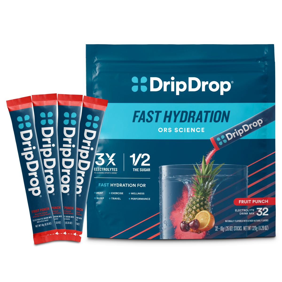 DripDrop Fruit Punch Electrolyte Powder, 8 oz sticks, 32 count - Essential Collection