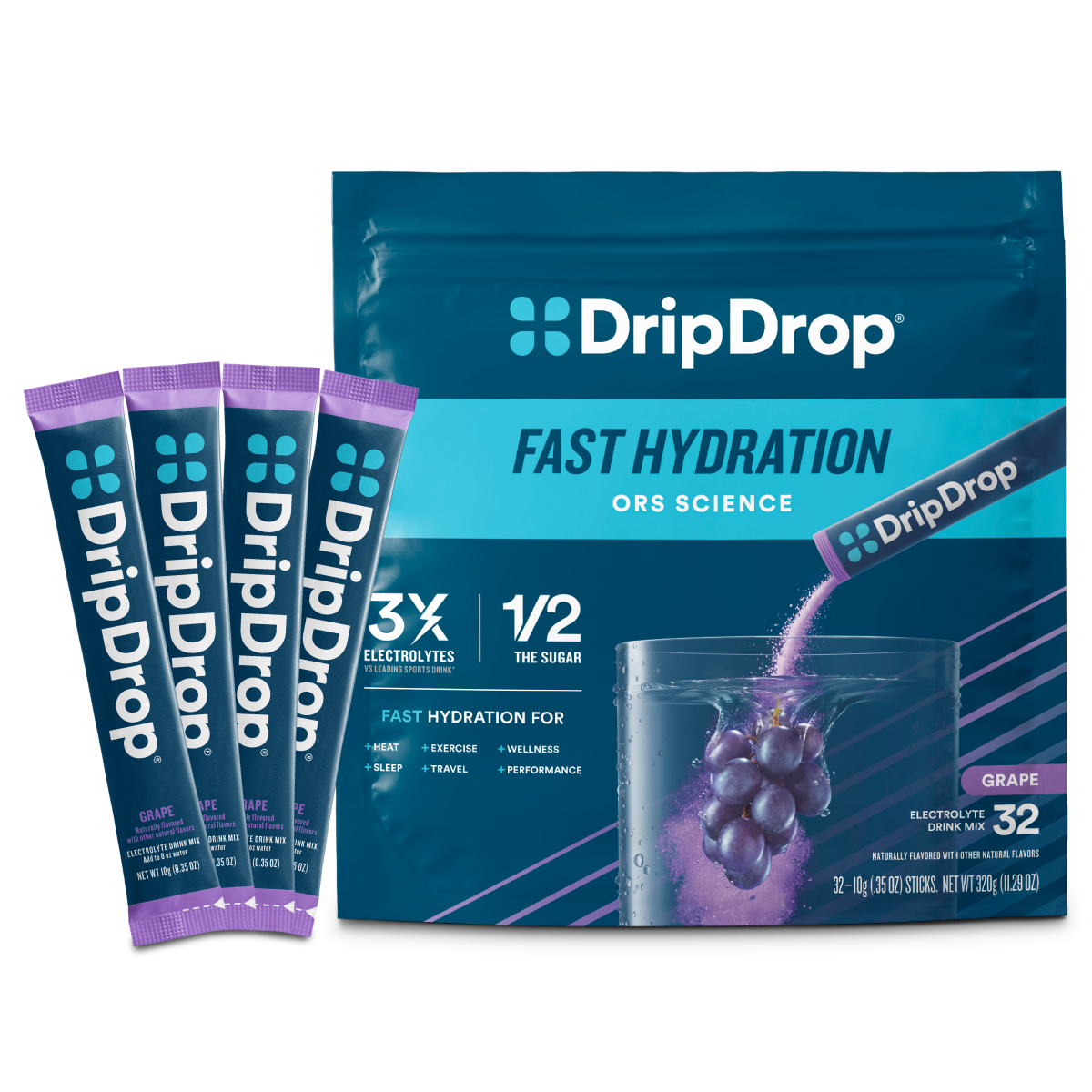 DripDrop Grape Electrolyte Powder, 8 oz sticks, 32 count - Essential Collection