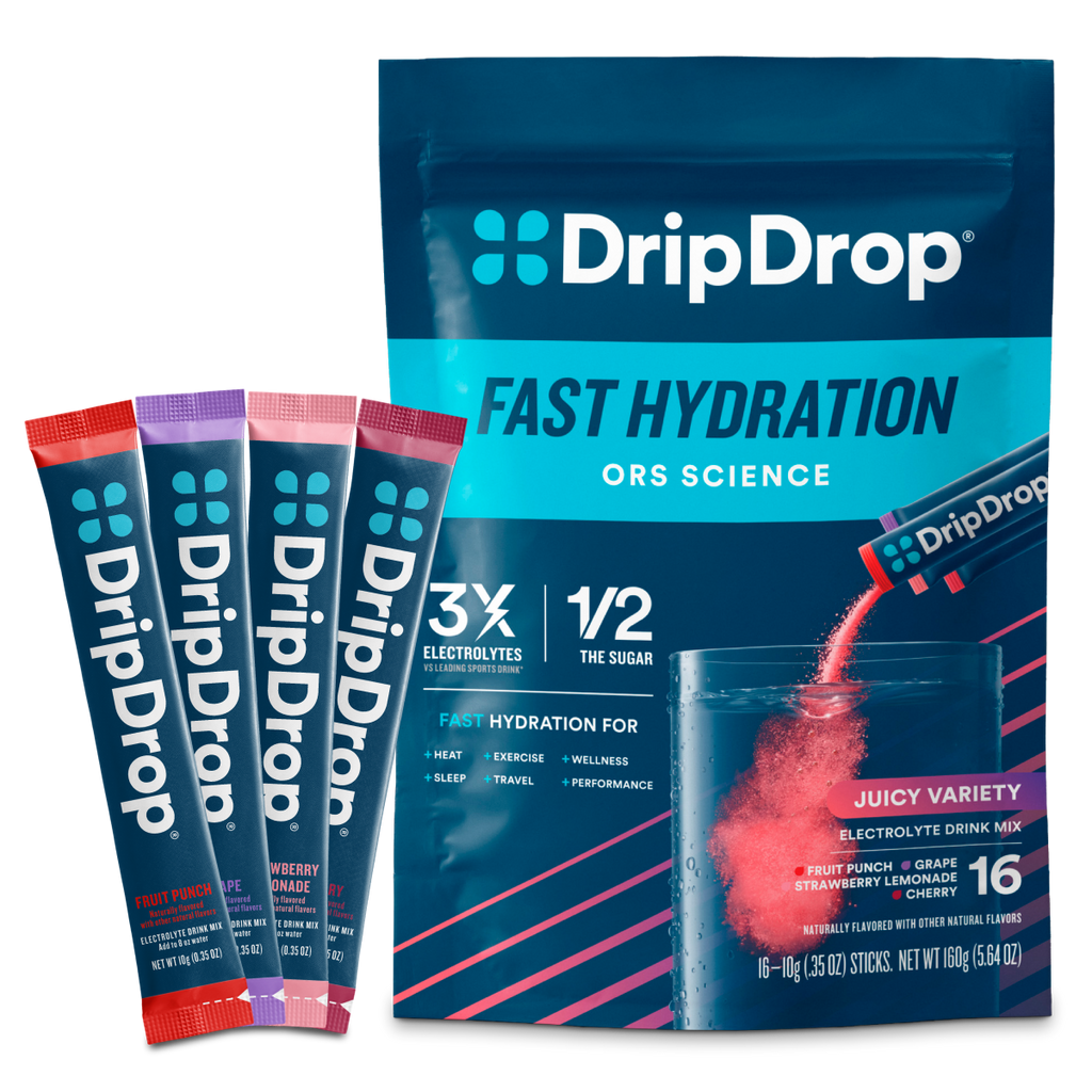 DripDrop Juicy Variety Pack Electrolyte Powder, 8 oz sticks, 16 count - Essential Collection