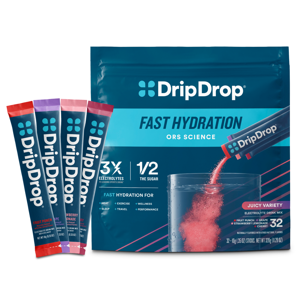 DripDrop Juicy Variety Pack Electrolyte Powder, 8 oz sticks, 32 count - Essential Collection