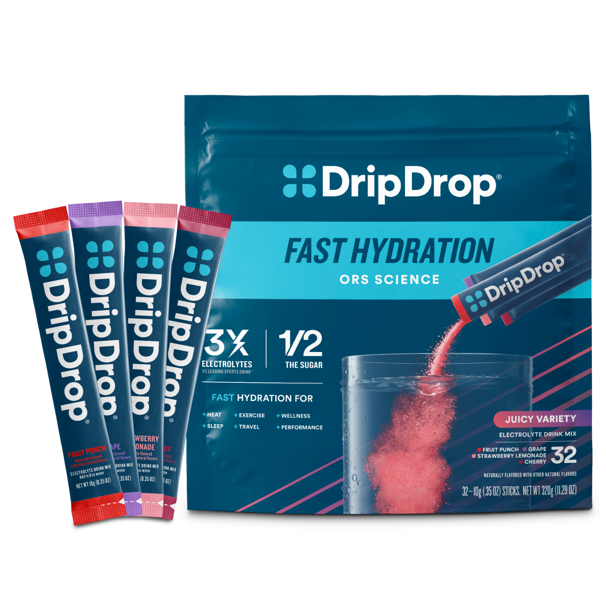DripDrop Juicy Variety Pack Electrolyte Powder, 8 oz sticks, 32 count - Essential Collection