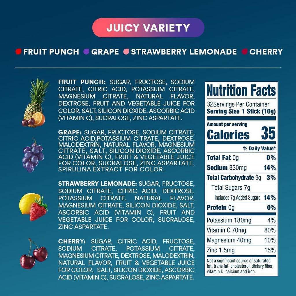 DripDrop Juicy Variety Pack Electrolyte Powder, 8 oz sticks, 32 count - Essential Collection