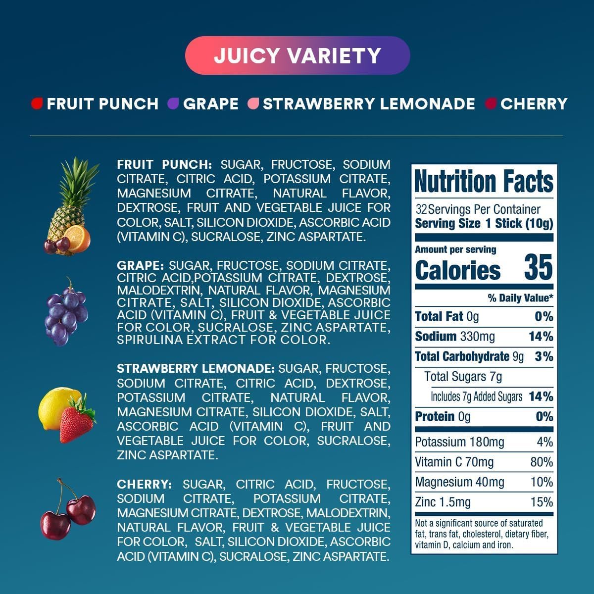 DripDrop Juicy Variety Pack Electrolyte Powder, 8 oz sticks, 32 count - Essential Collection