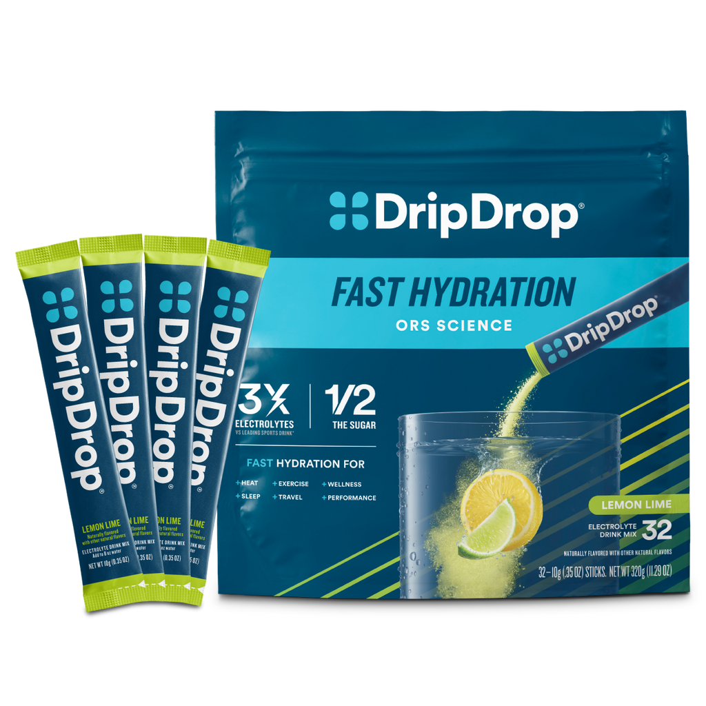 DripDrop Lemon Lime Electrolyte Powder, 8 oz sticks, 32 count - Essential Collection