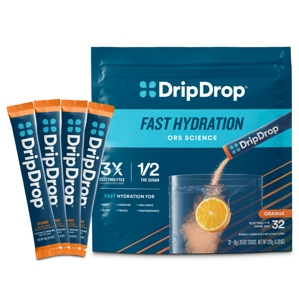 DripDrop Orange Electrolyte Powder, 8 oz sticks, 32 count - Essential Collection