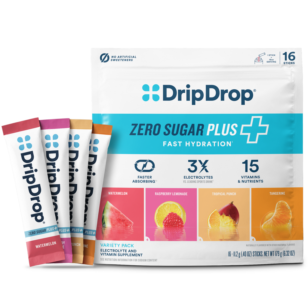 DripDrop Zero Sugar Plus, Watermelon, Tangerine, Tropical Punch, Raspberry Lemonade, 16 oz sticks, 16 count - Essential Collection