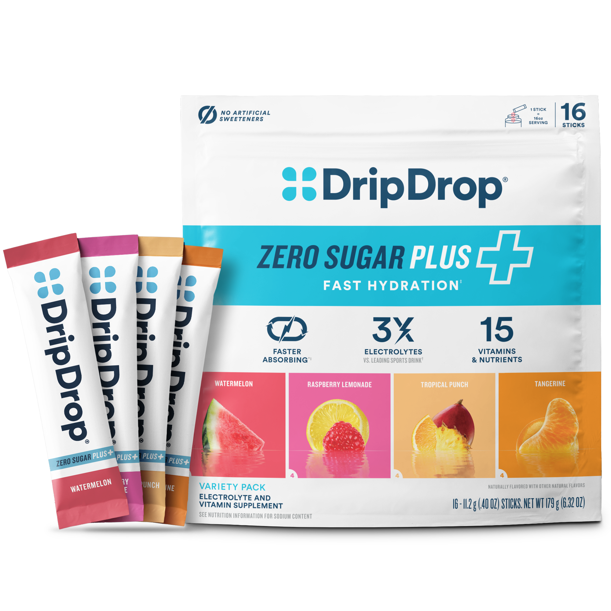 DripDrop Zero Sugar Plus, Watermelon, Tangerine, Tropical Punch, Raspberry Lemonade, 16 oz sticks, 16 count - Essential Collection