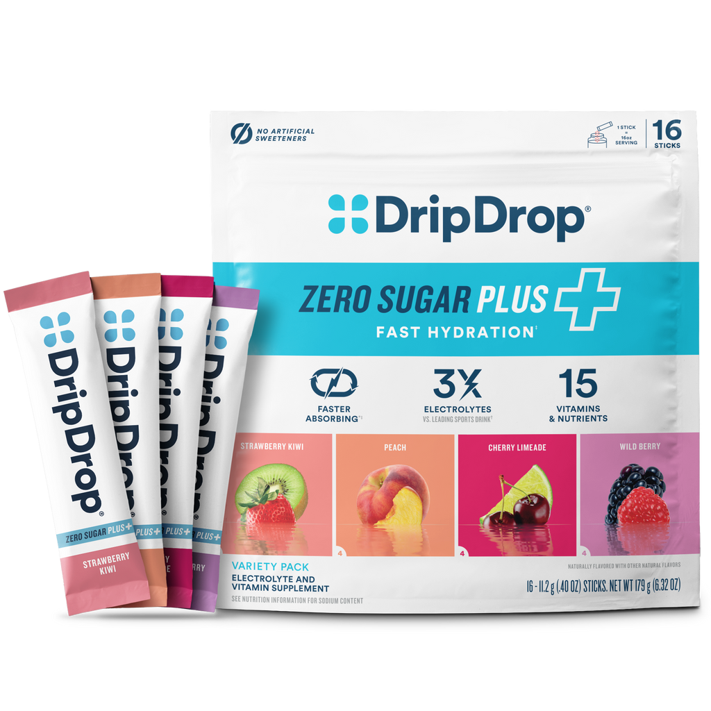 DripDrop Zero Sugar Plus, Strawberry Kiwi, Peach, Cherry Limeade, Wild Berry, 16 oz sticks, 16 count - Essential Collection