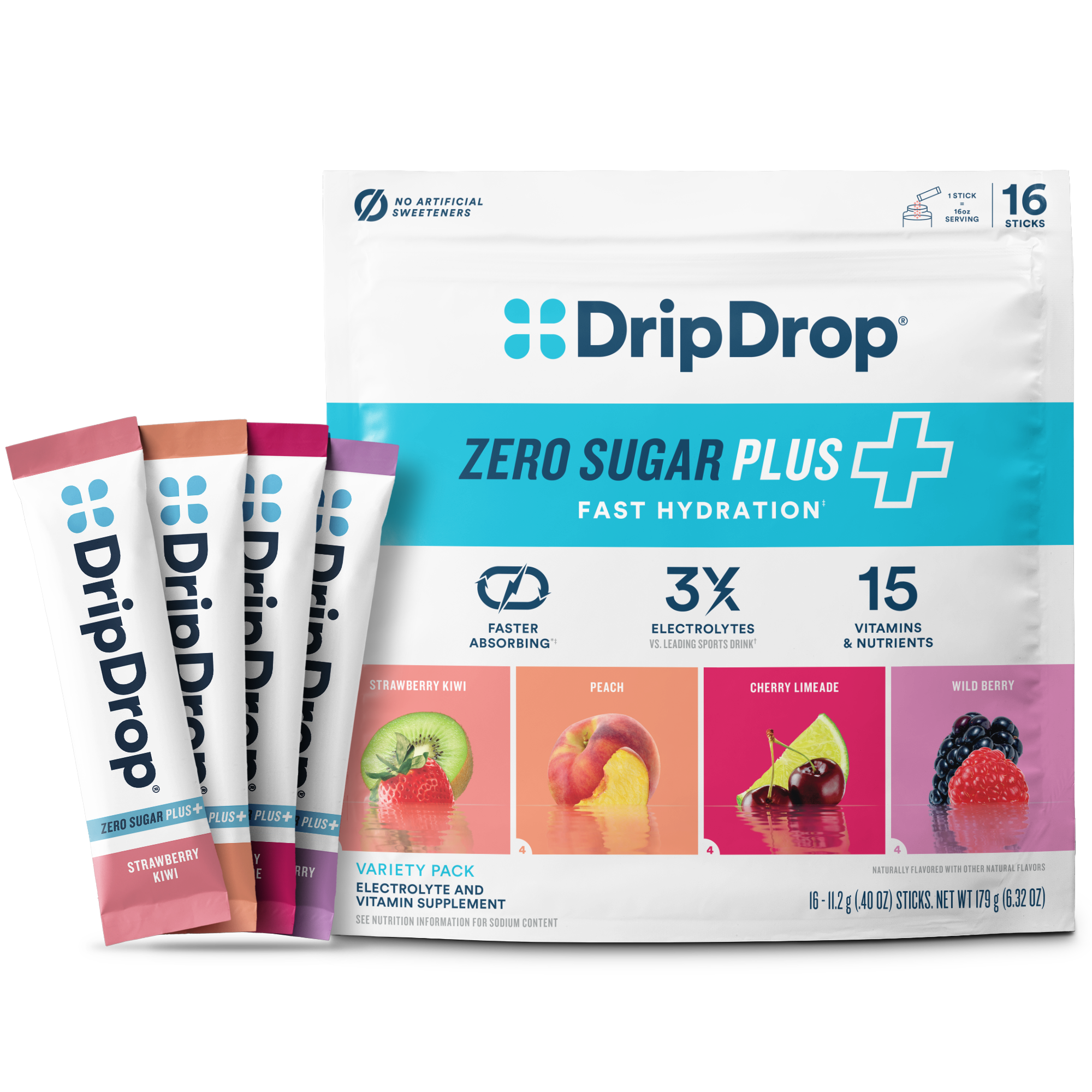 DripDrop Zero Sugar Plus, Strawberry Kiwi, Peach, Cherry Limeade, Wild Berry, 16 oz sticks, 16 count - Essential Collection