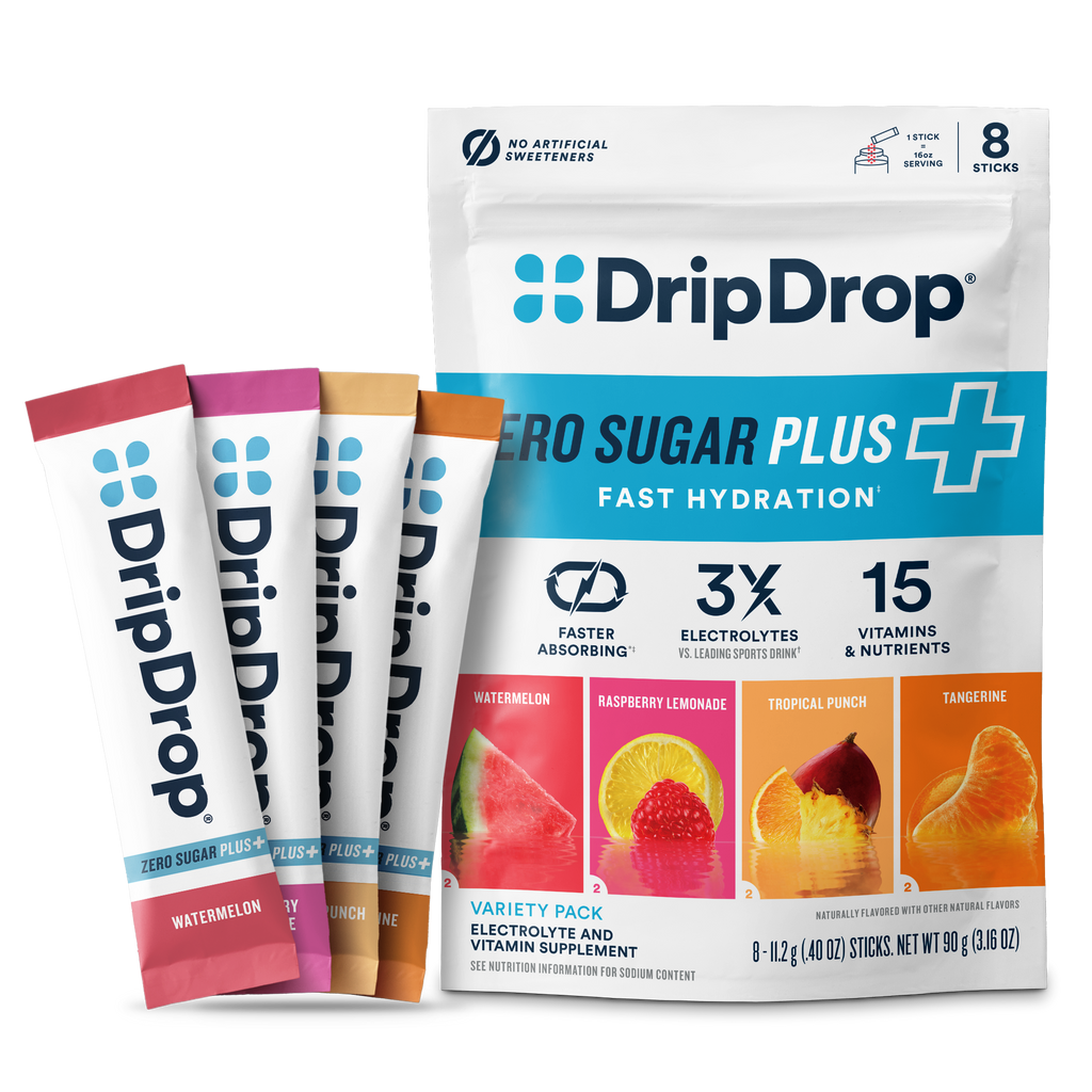 DripDrop Zero Sugar Plus, Watermelon, Tangerine, Tropical Punch, Raspberry Lemonade, 16 oz sticks, 8 count - Essential Collection