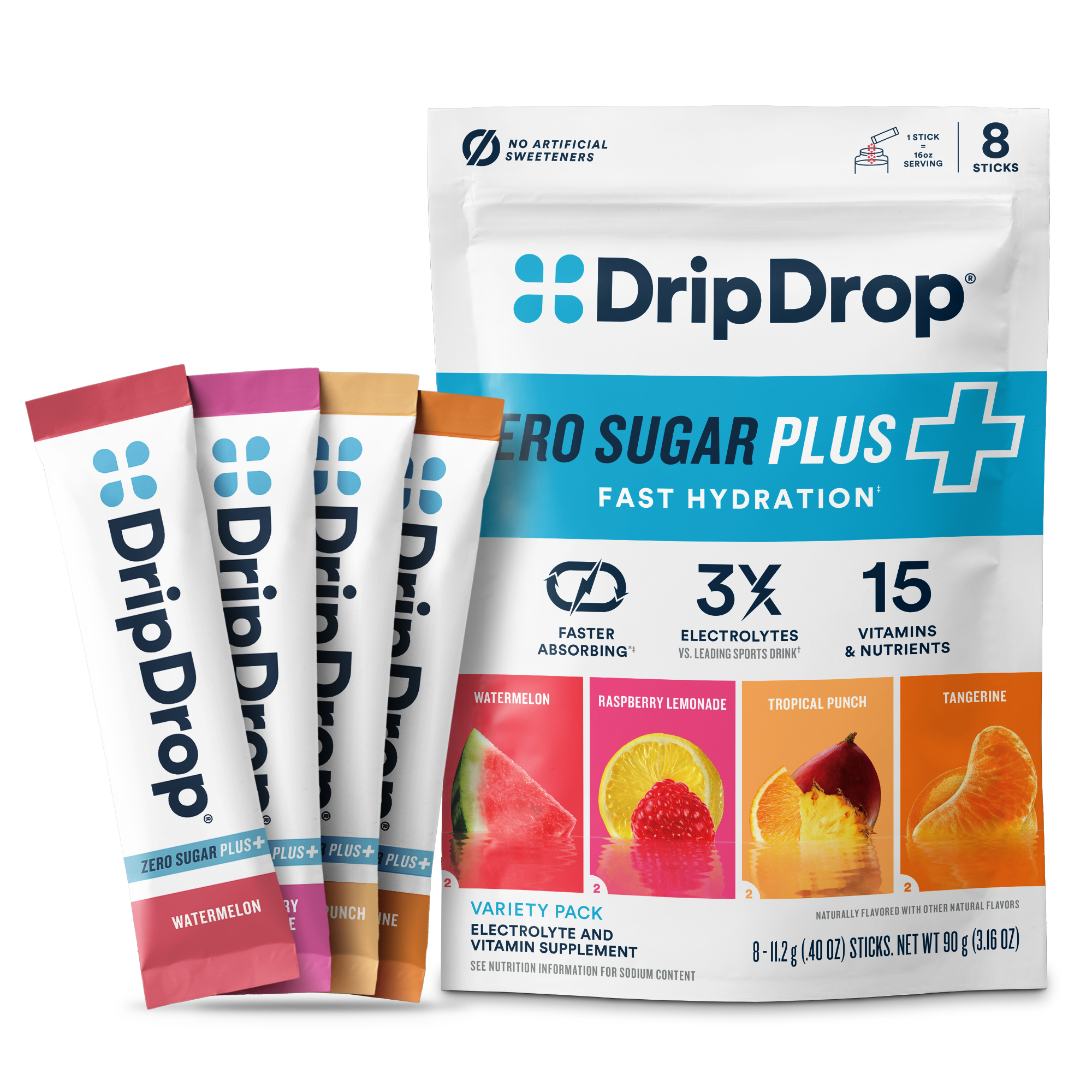 DripDrop Zero Sugar Plus, Watermelon, Tangerine, Tropical Punch, Raspberry Lemonade, 16 oz sticks, 8 count - Essential Collection