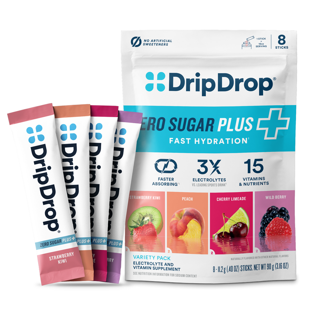 DripDrop Zero Sugar Plus, Strawberry Kiwi, Peach, Cherry Limeade, Wild Berry, 16 oz sticks, 8 count - Essential Collection
