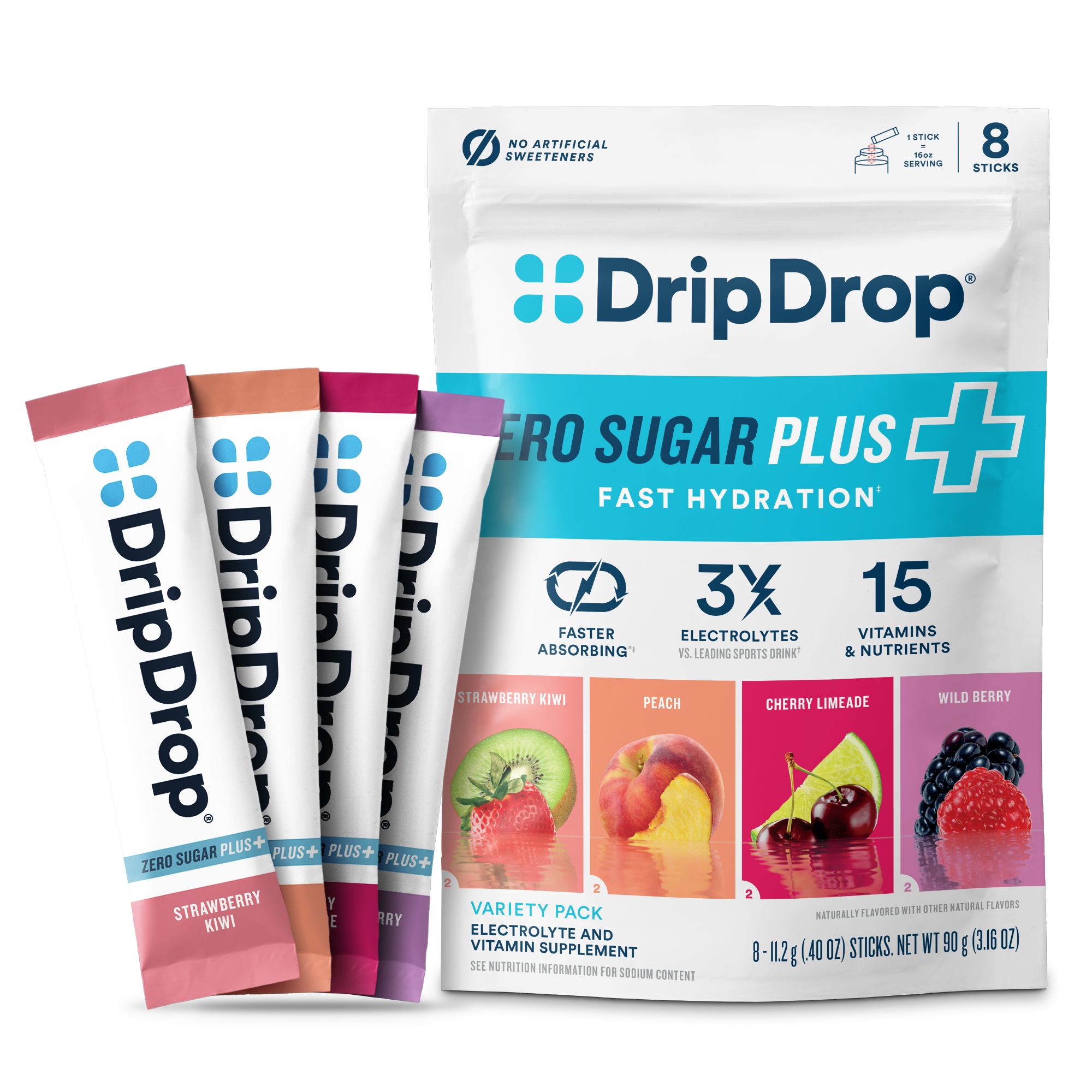 DripDrop Zero Sugar Plus, Strawberry Kiwi, Peach, Cherry Limeade, Wild Berry, 16 oz sticks, 8 count - Essential Collection