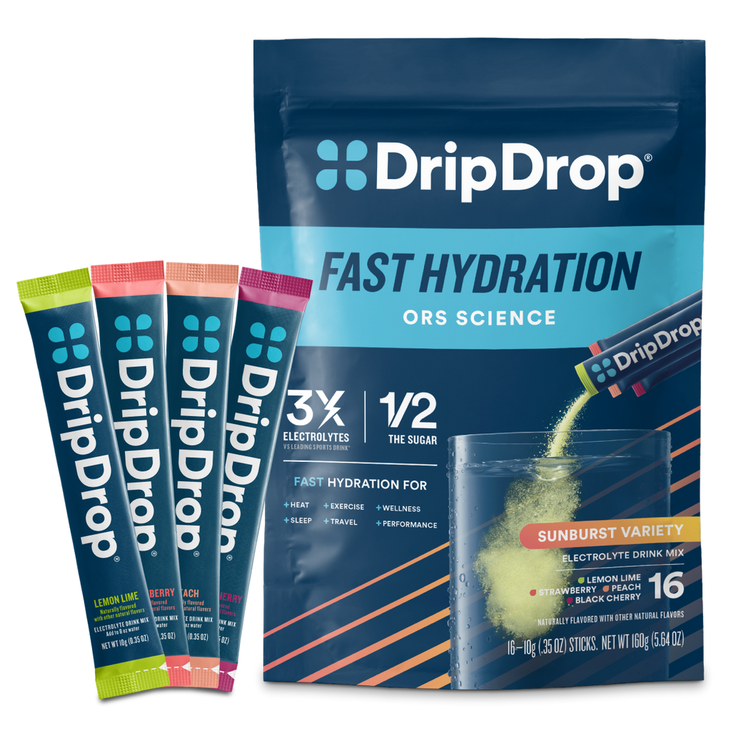 DripDrop Sunburst Variety Pack Electrolyte Powder, 8 oz sticks, 16 count - Essential Collection