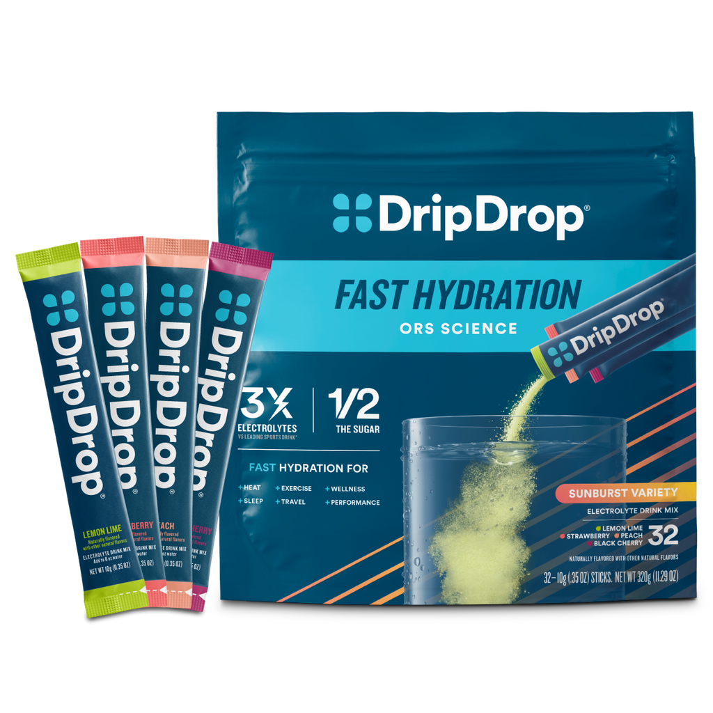 DripDrop Sunburst Variety Pack Electrolyte Powder, 8 oz sticks, 32 count - Essential Collection