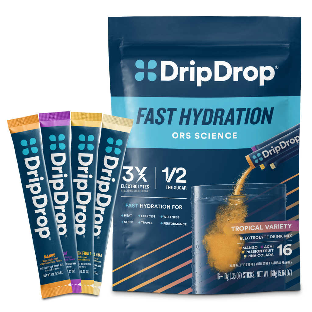 DripDrop Tropical Variety Pack Electrolyte Powder, 8 oz sticks, 16 count - Essential Collection