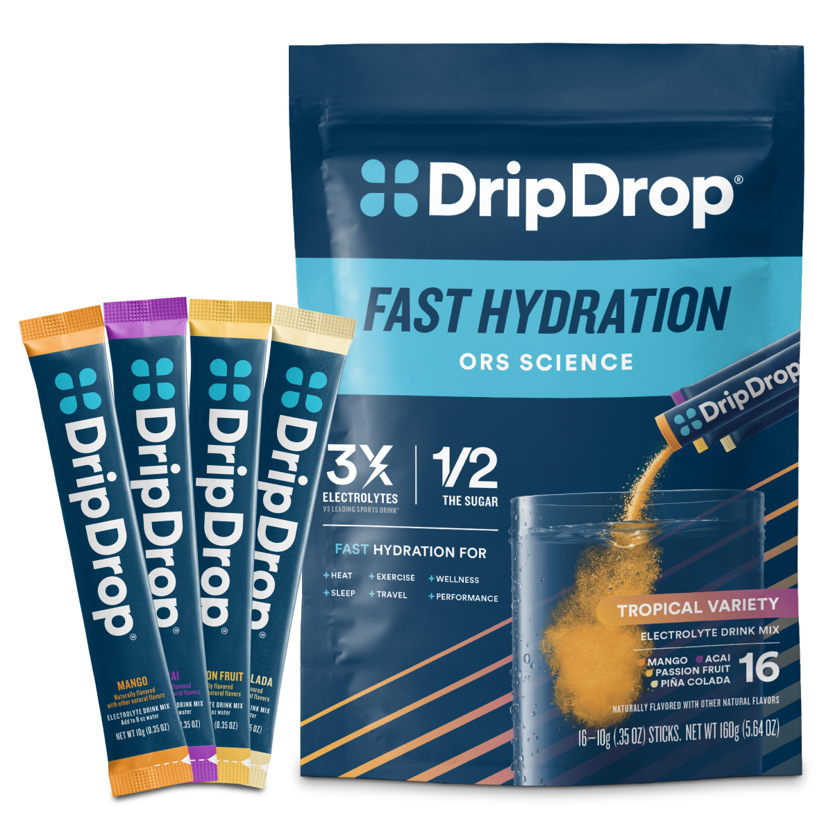 DripDrop Tropical Variety Pack Electrolyte Powder, 8 oz sticks, 16 count - Essential Collection