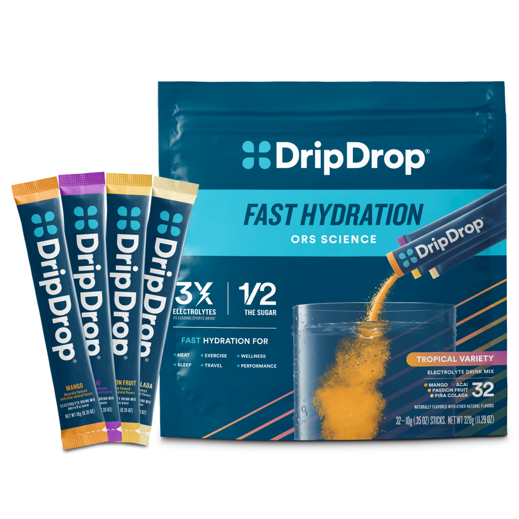 DripDrop Tropical Variety Pack Electrolyte Powder, 8 oz sticks, 32 count - Essential Collection