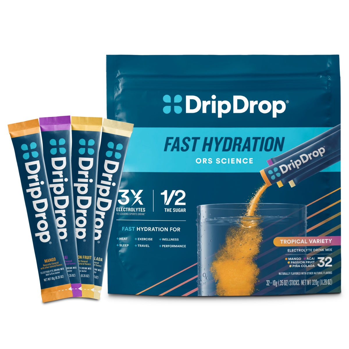DripDrop Tropical Variety Pack Electrolyte Powder, 8 oz sticks, 32 count - Essential Collection