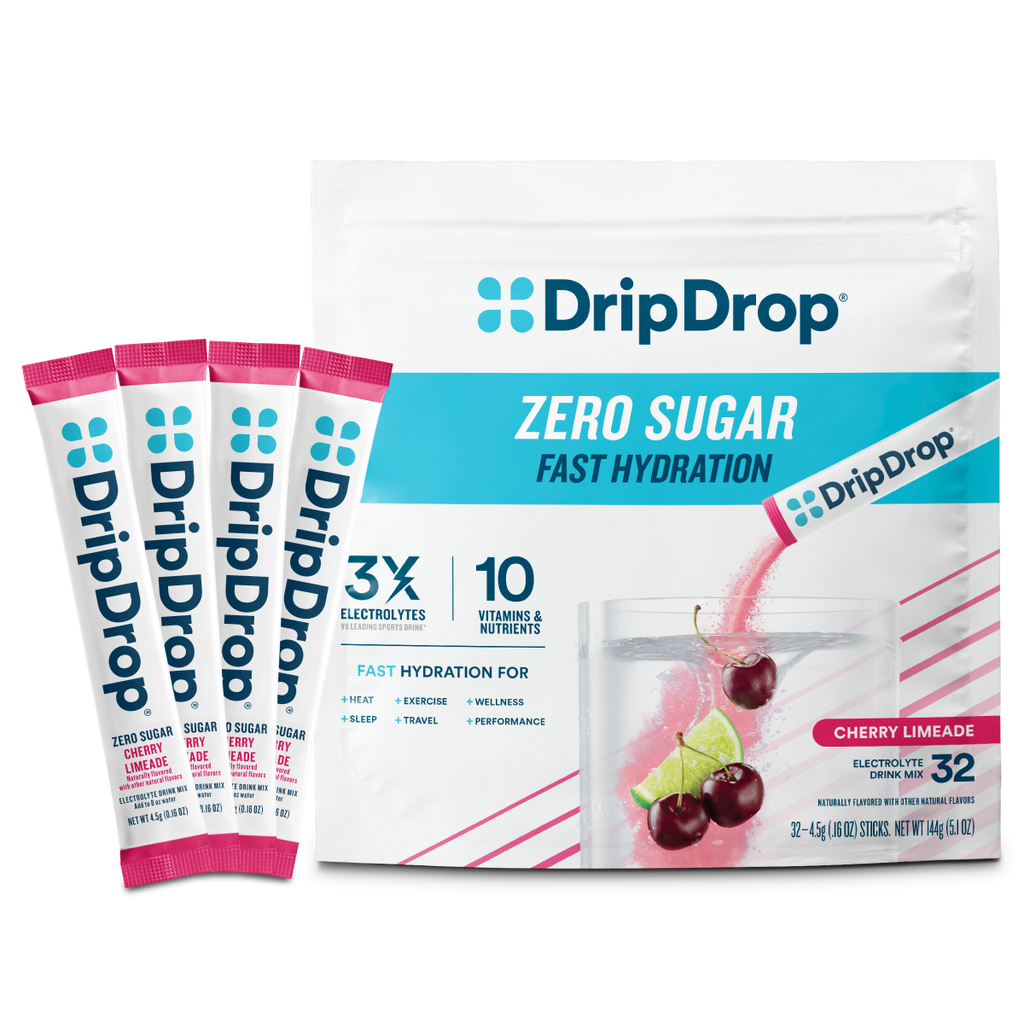 DripDrop Zero Sugar Cherry Limeade Electrolyte Powder, 8 oz sticks, 32 count - Essential Collection