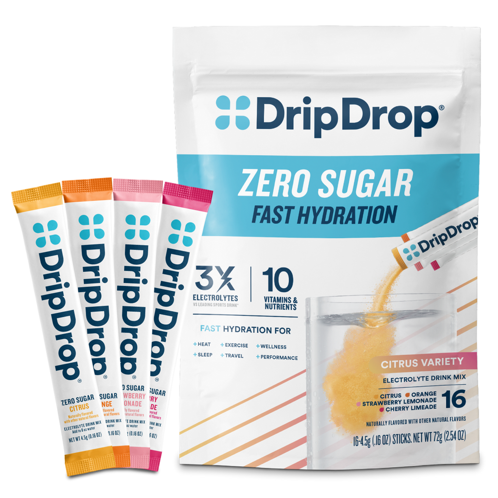 DripDrop Zero Sugar Citrus Variety Pack Electrolyte Powder, 8 oz sticks, 16 count - Essential Collection