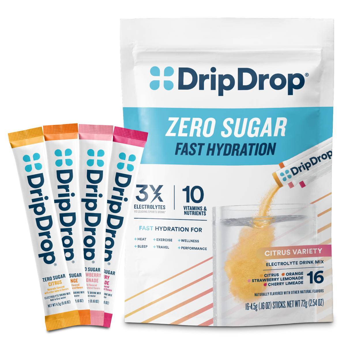 DripDrop Zero Sugar Citrus Variety Pack Electrolyte Powder, 8 oz sticks, 16 count - Essential Collection