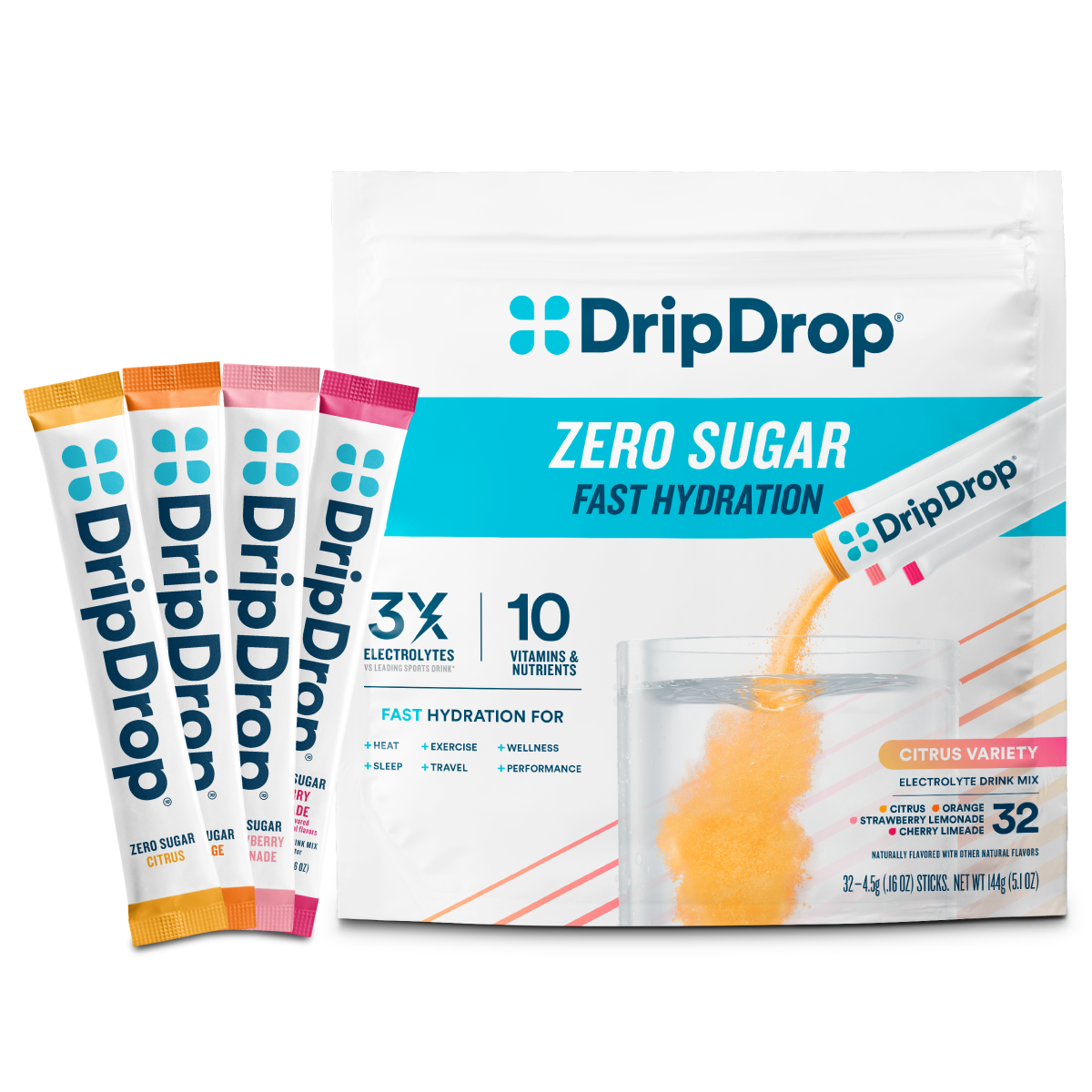 DripDrop Zero Sugar Citrus Variety Pack Electrolyte Powder, 8 oz sticks, 32 count - Essential Collection